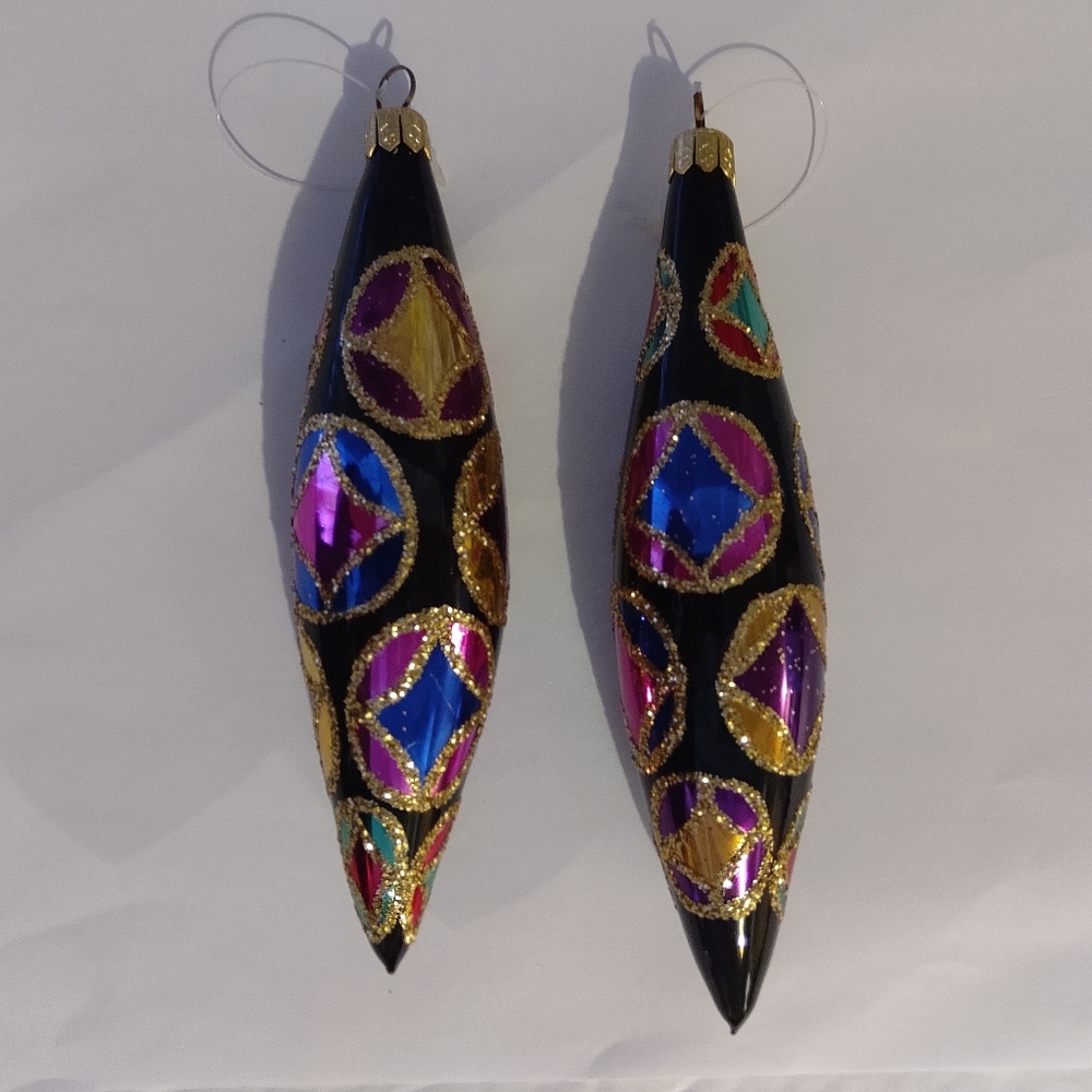 Lot Of 2 Vintage Hand Blown Black Glass Teardrop Ornament   Glitter Colorful